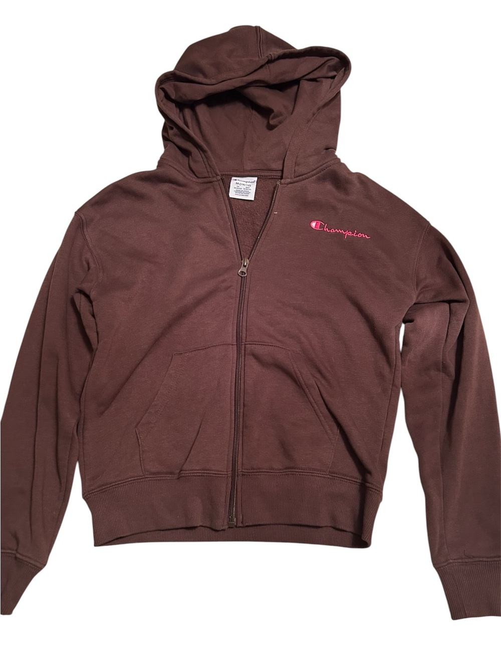 Champion Brown Zip Hoodie with Pink Logo Accent